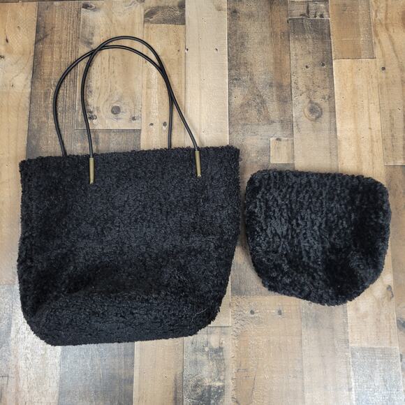 Anthropologie Tote Purse Sherpa Bag Black Leather Straps w/‎ Pouch Wallet - Picture 4 of 13